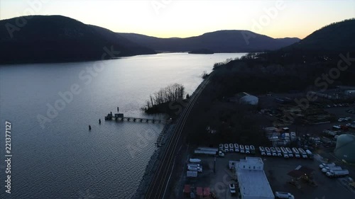 Aerial View of Train Tracks by the River in Peekskill NY at Sunset photo