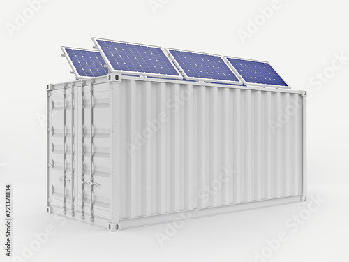 Container box with solar panels on the roof 3D render /isolated