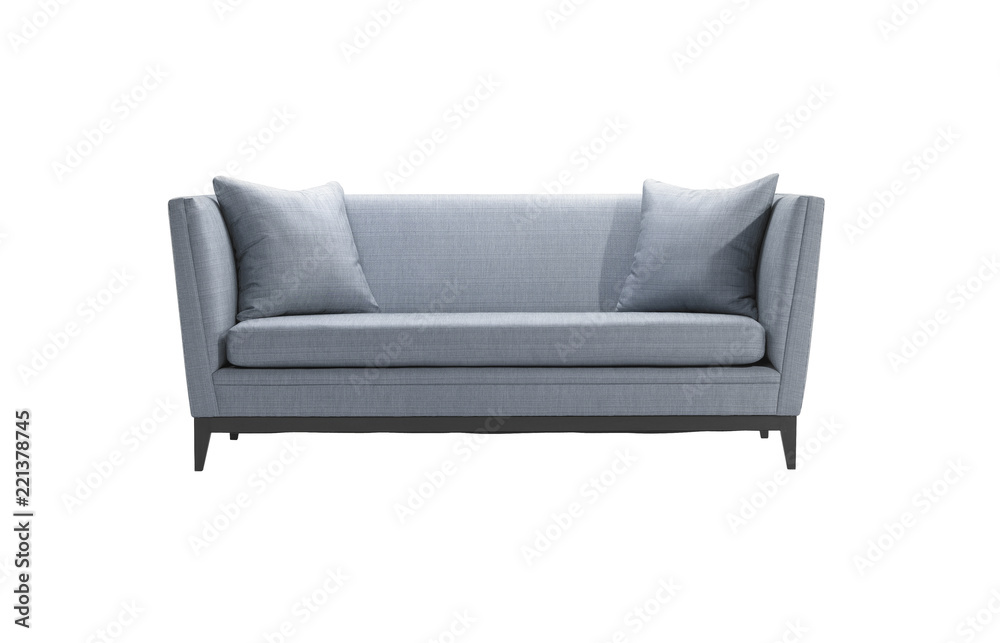 Fototapeta premium Plain sofa and pillow in same blue color isolated on white background with clipping path.