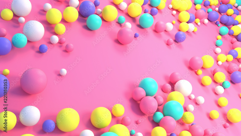 Sweet colorful balls on the pink floor. 3d rendering picture.