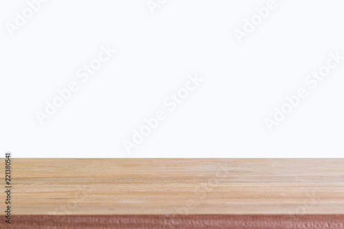 Empty wooden table on isolated white background.