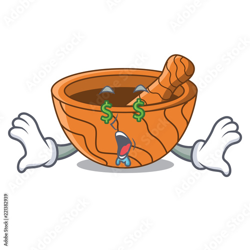 Money eye wooden kitchen mortar isolated on mascot