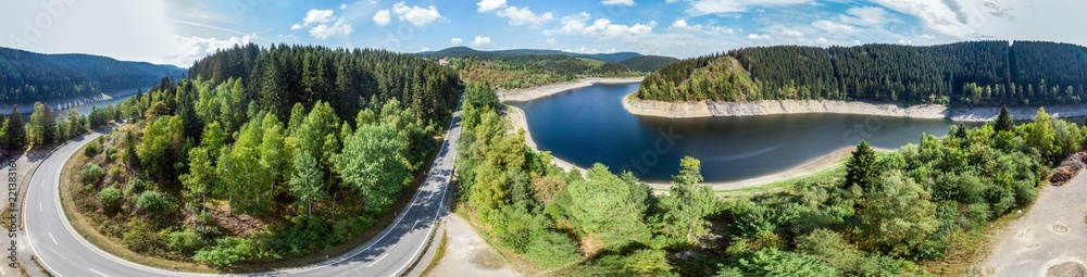Aerial photograph of the Okertalsperre (dam) in the Oberharz between Clausthal-Zellerfeld and Goslar, taken with the drone