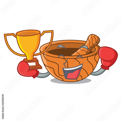 Boxing winner wooden kitchen mortar isolated on mascot