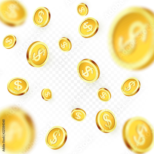Falling golden coins isolated on transparent background. Shiny metal dollar rain. Casino jackpot win. Vector illustration photo