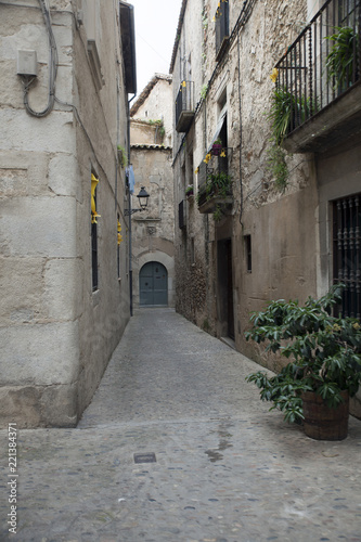 Fototapeta Naklejka Na Ścianę i Meble -  Small medieval street in Girona city, Catalonia, Spain