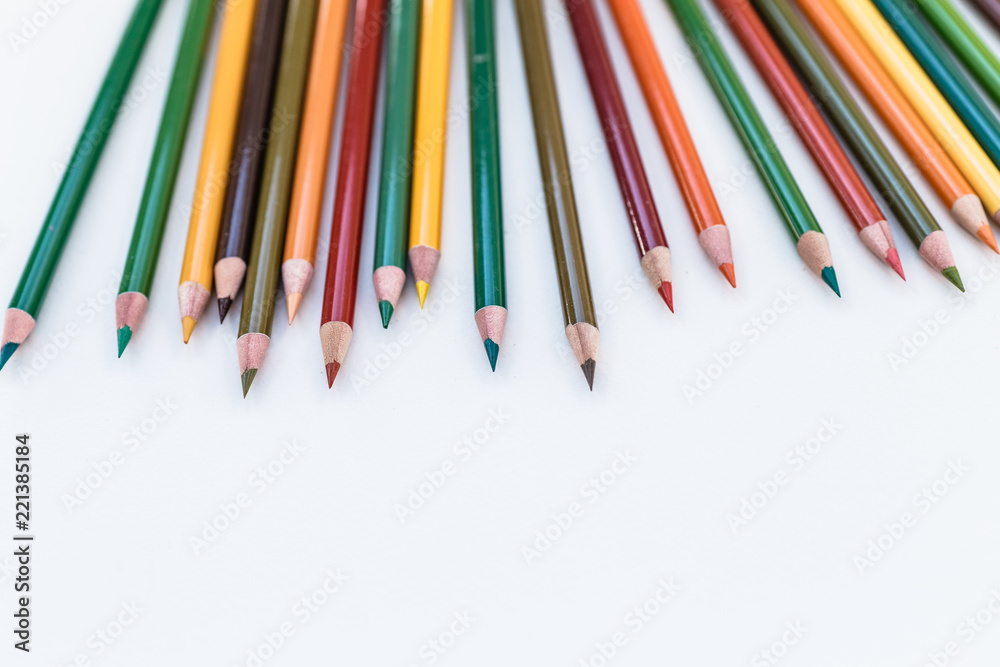 Set of colorful pencils on white background. Autumn color palette Back to school concept. Copy space for text Set of colorful pencils on white background. Autumn color palette Back to school concept. Copy space for text