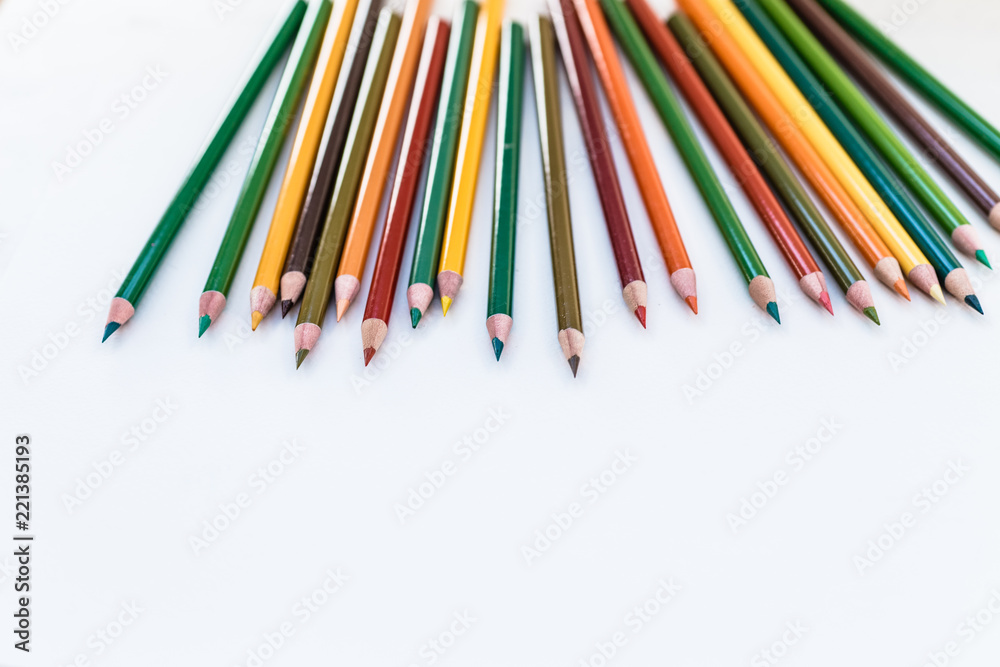 Set of colorful pencils on white background. Autumn color palette Back to school concept. Copy space for text