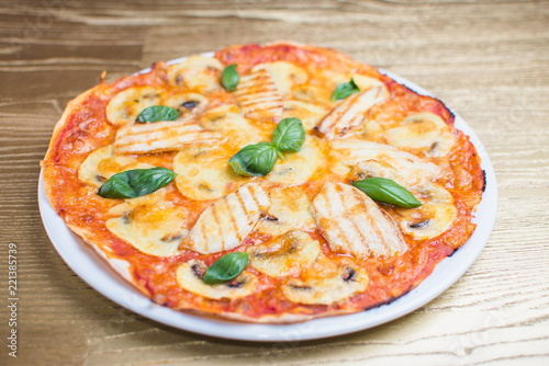 pizza with basil on a white plate