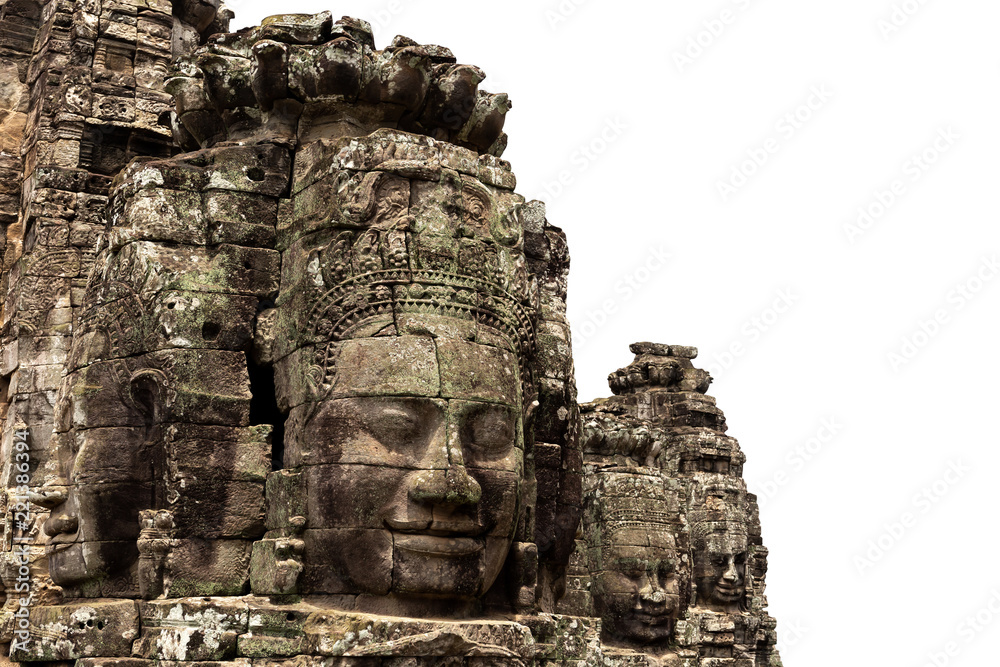 Stone face at ancient bayon temple isolated on white background at  Angkor Wat Siem Reap Cambodia.