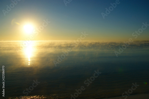 fog over the water. Playa Larga Cuba. Bay of Pigs. Dawn on the Caribbean Sea