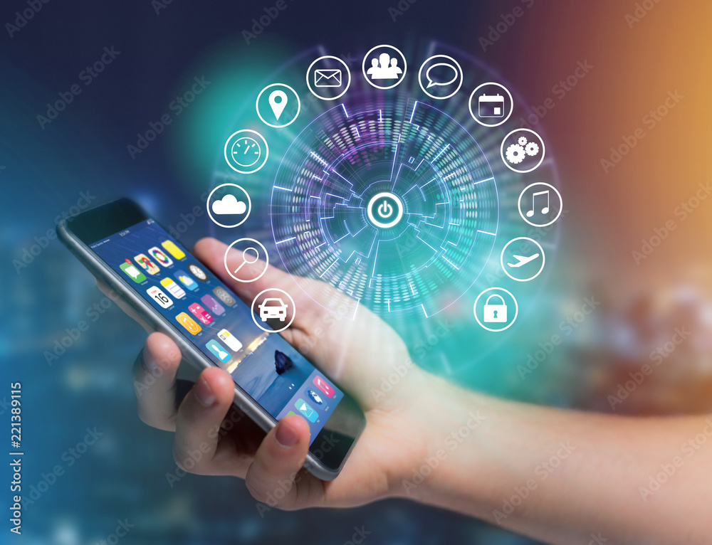 Home button of a technology interface surrounded by application - technology app concept Home button of a technology interface surrounded by application - technology app concept