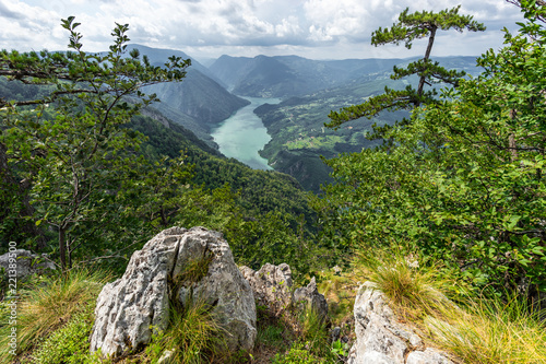 Wonderful view from mountain on Drina River and ravine from Banjska Stena in Tara park in Serbia at summer photo