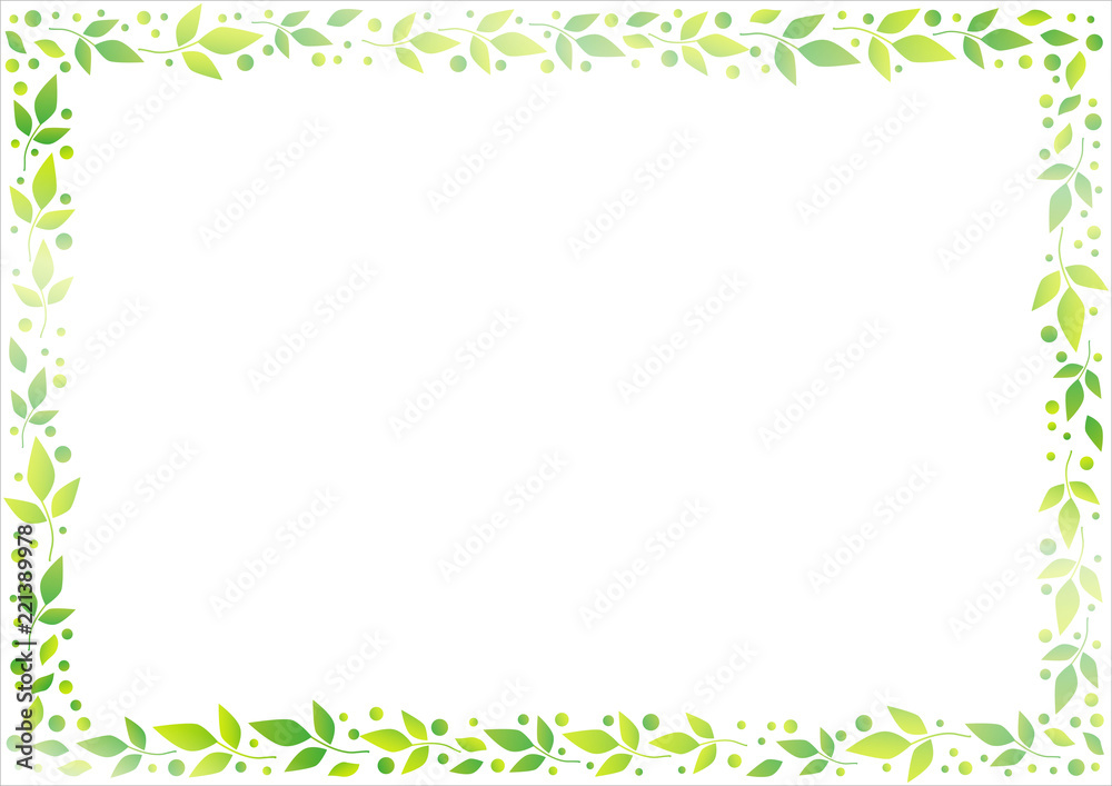 White background with decorative frame of green leaves and dots for decoration, scrapbooking paper, sheet of book or notebook, wedding invitation, greeting card, text, family tree White background with decorative frame of green leaves and dots for decoration, scrapbooking paper, sheet of book or notebook, wedding invitation, greeting card, text, family tree