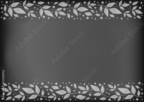 Chalkboard background with decorative stripes align top and below with white leaves and dots for decoration, scrapbooking paper,wedding invitation, text,cover of book, restaurant, menu, bar, cafe