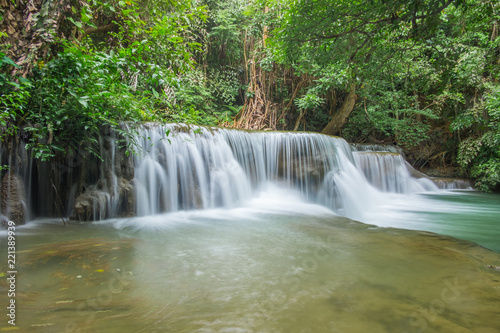 Third of Hauy mae khamin waterfall located in deep forest of Kanchanaburi province Thailand.