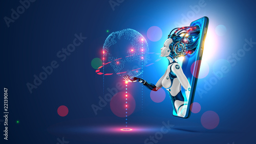 Artificial intelligence provide access to information and data in online networks via smartphone. AI in the form of woman cyborg or bot coming out of the screen phone and offers to use digital mind