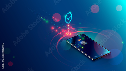 Mobile payment concept isometric banner. Security and protection contactless payment or via mobile phone with nfc chip. Shopping through smartphone with near field communication card