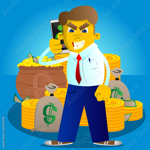 Yellow man talking on cell phone. Vector cartoon illustration.