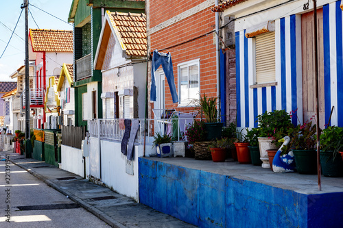 Colorful striped house facades in Portugal
