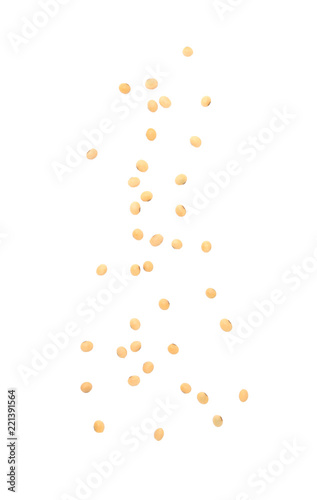 Soybeans falling isolated on white background.
