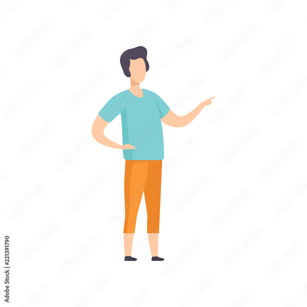 Young man standing pointing finger, faceless person character gesturing vector Illustration on a white background