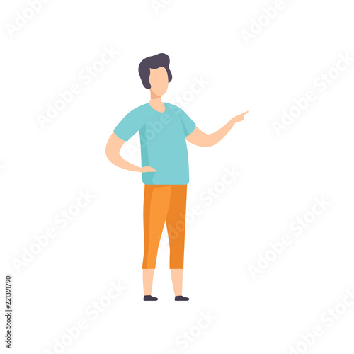 Young man standing pointing finger, faceless person character gesturing vector Illustration on a white background