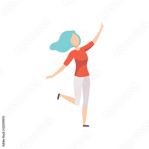 Young woman with blue hair pointing with her forefinger up, faceless girl character gesturing vector Illustration on a white background
