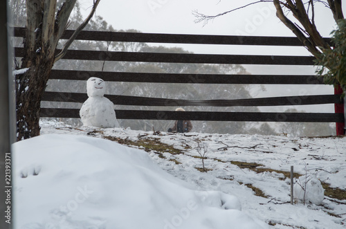 Smiling snowman next to a resort barrier