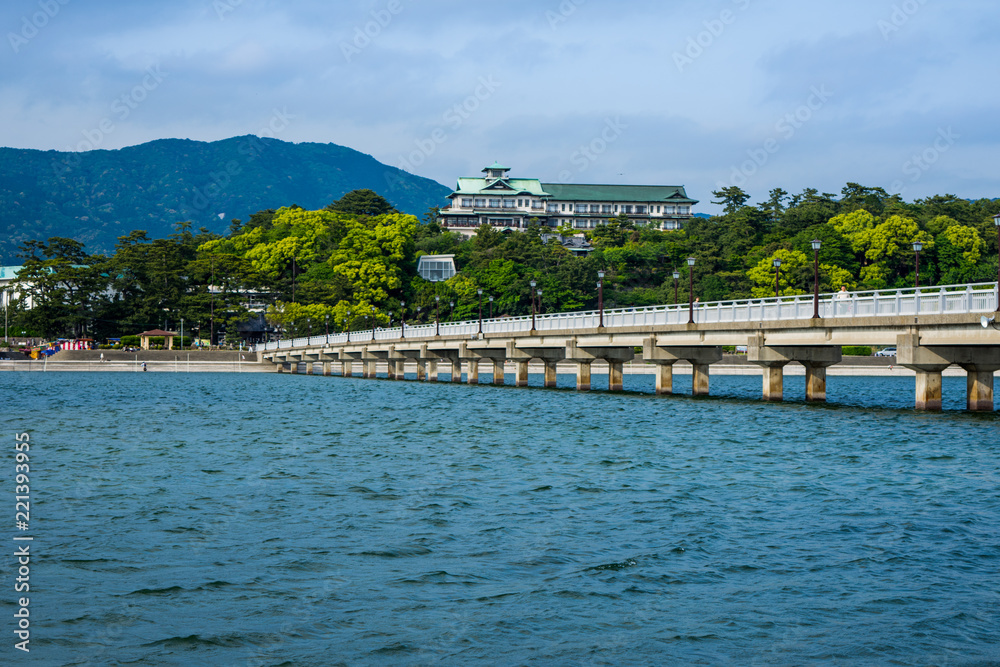 Fototapeta premium Bridge over the sea whit a hotel in the background