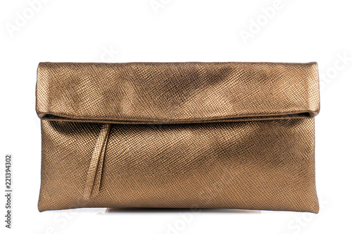 Gold clutch isolated on white background.Front view.