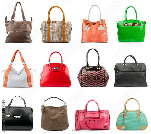 Handbags collection isolated on white background.Front view. 