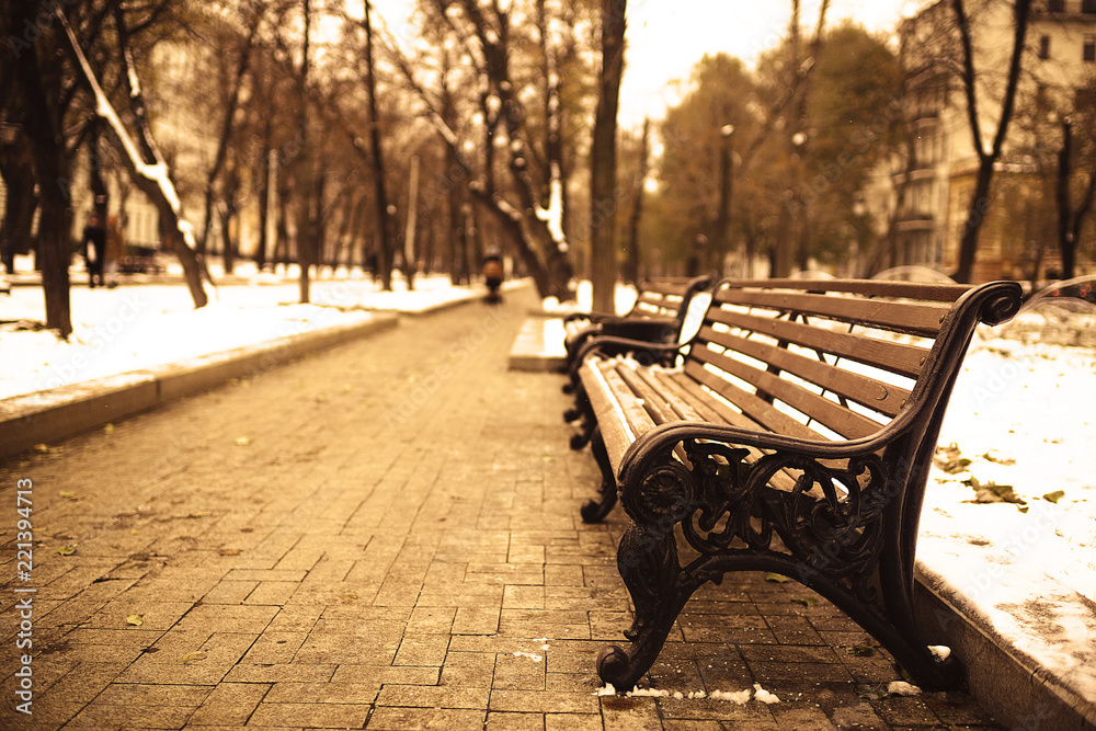 bench in a cold winter park snow