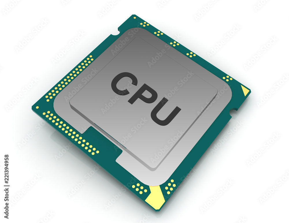 3d illustration CPU chip, central processor unit on white background.
