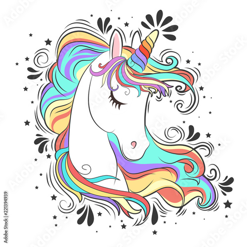 Fotografie Cute White Unicorn with rainbow hair