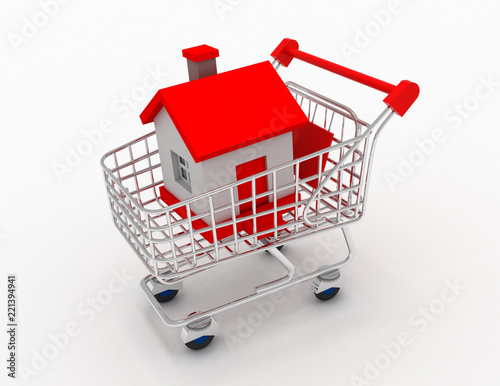 3D house in a shopping cart isolated on white in the design of the information related to the purchase of Real Estate. 3d illustration