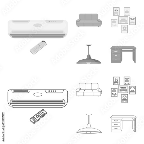 Comfortable sofa, letters and diplomas within the framework, an office ceiling lamp, a desk with drawers. Office Furniture set collection icons in outline,monochrome style vector symbol stock