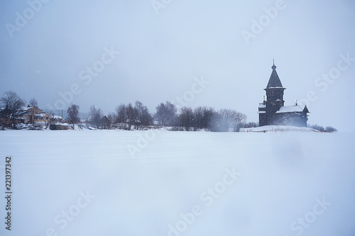 landscape in russian kizhi church winter view   winter season snowfall in landscape with church architecture