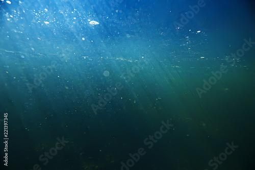 underwater mountain clear river / underwater photo in a freshwater river, fast current, air bubbles by water, underwater ecosystem landscape