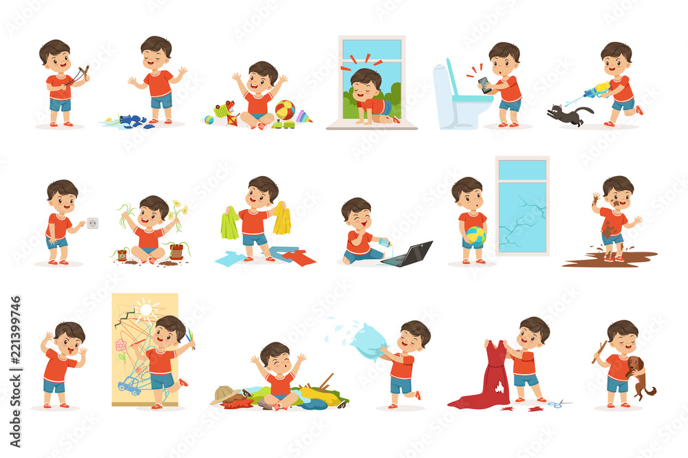 Funny little boy playing games and making mess Funny little boy playing games and making mess