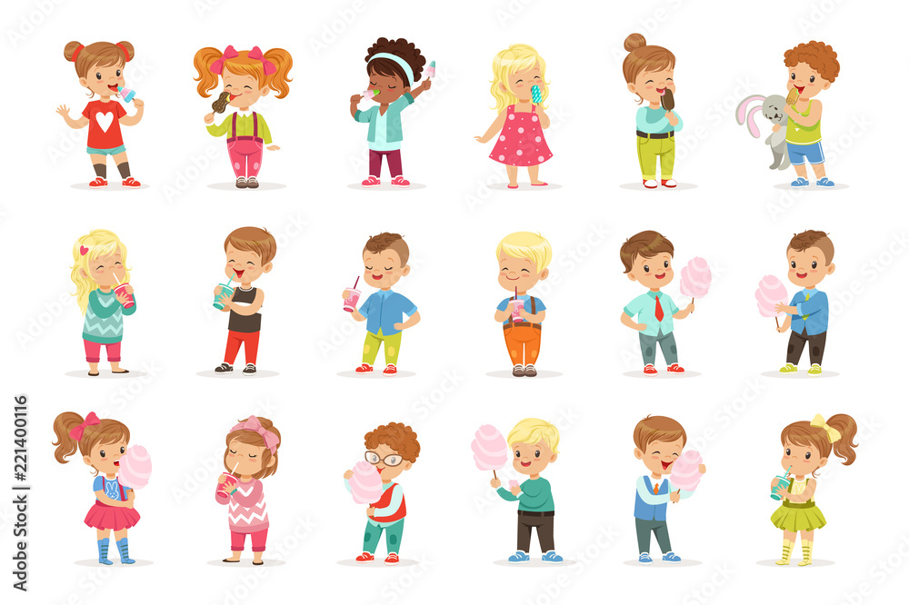 Set of little boys and girls drinking cocktails and eating sweets Set of little boys and girls drinking cocktails and eating sweets