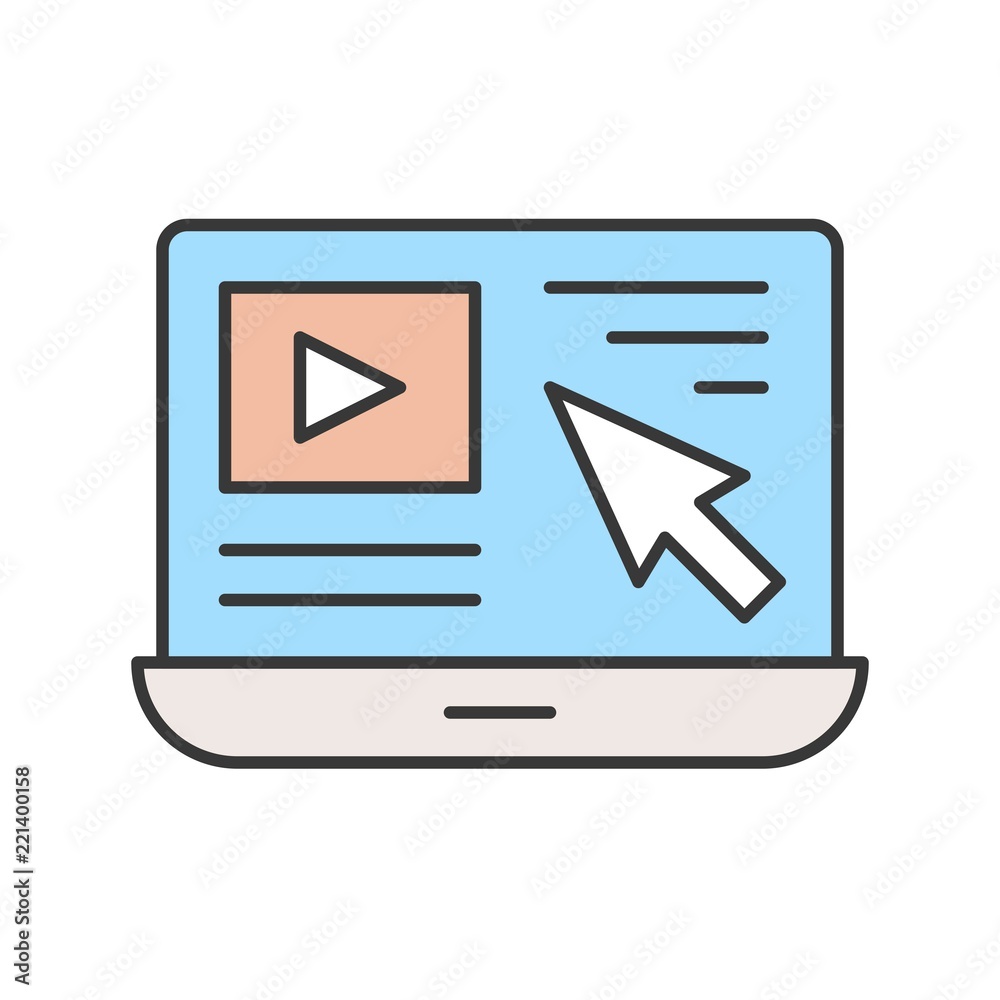cursor arrow and video clip on laptop screen, website related icon, editable stroke outline icon cursor arrow and video clip on laptop screen, website related icon, editable stroke outline icon