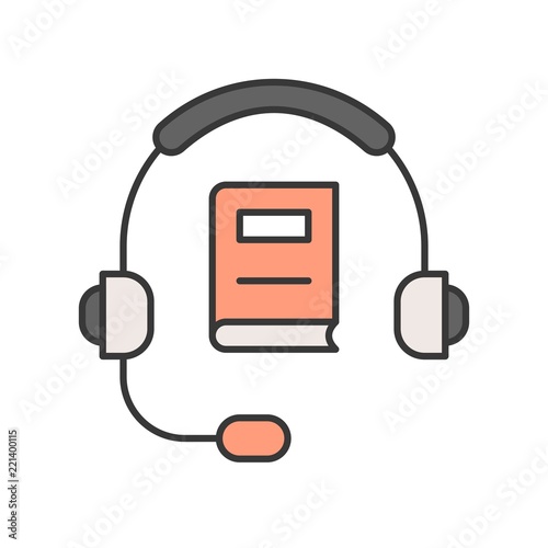 headphone and book , technology and e-learning editable stroke outline icon