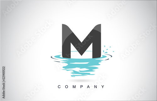 M Letter Logo Design with Water Splash Ripples Drops Reflection