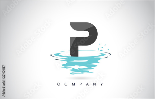 P Letter Logo Design with Water Splash Ripples Drops Reflection