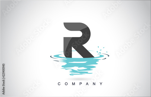 R Letter Logo Design with Water Splash Ripples Drops Reflection