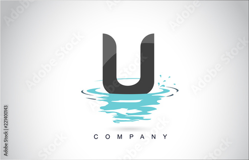 U Letter Logo Design with Water Splash Ripples Drops Reflection