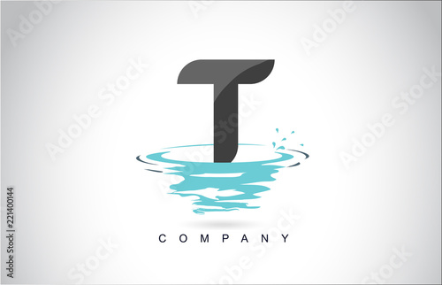 T Letter Logo Design with Water Splash Ripples Drops Reflection