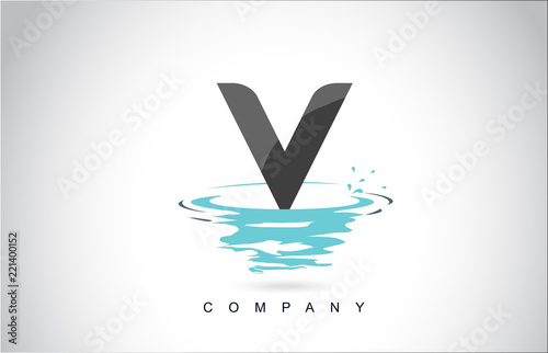 V Letter Logo Design with Water Splash Ripples Drops Reflection