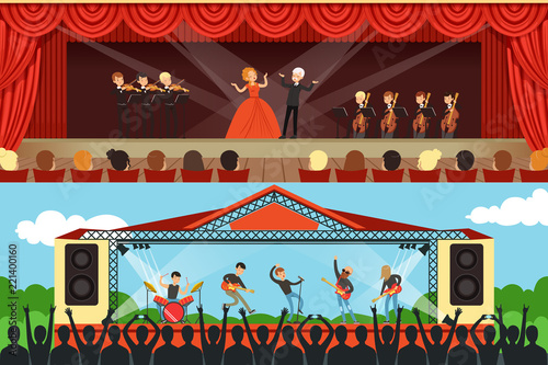 Concerts set with musicians and artists characters